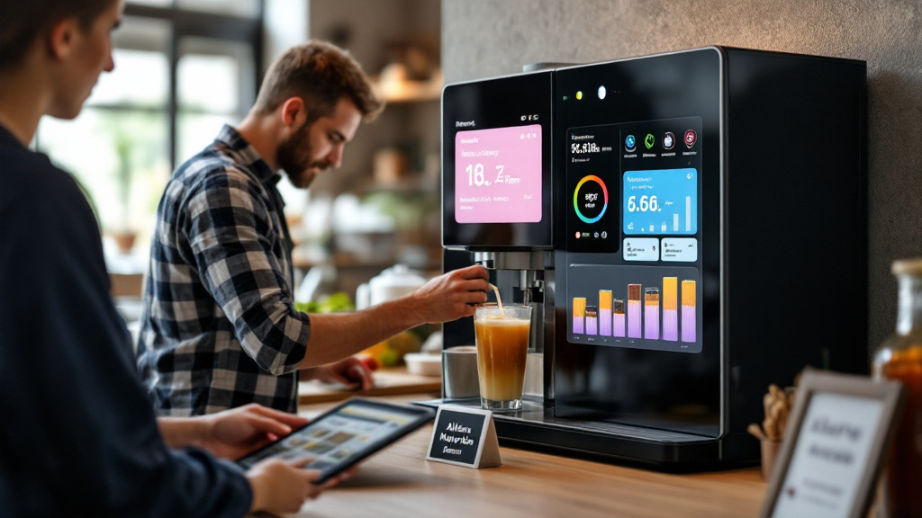Operator replacing ingredient cartridges in a smart nutrition kiosk while viewing a telemetry dashboard with uptime and cleaning alerts.
