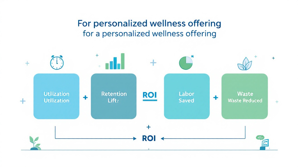 Infographic showing ROI inputs—utilization, retention lift, labor saved, and waste reduced—flowing into a single ROI formula.