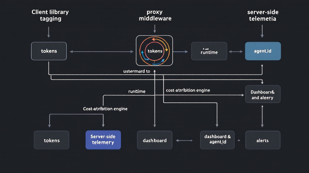 Diagram showing client tagging, proxy middleware, and server-side telemetry feeding a central cost-attribution system.