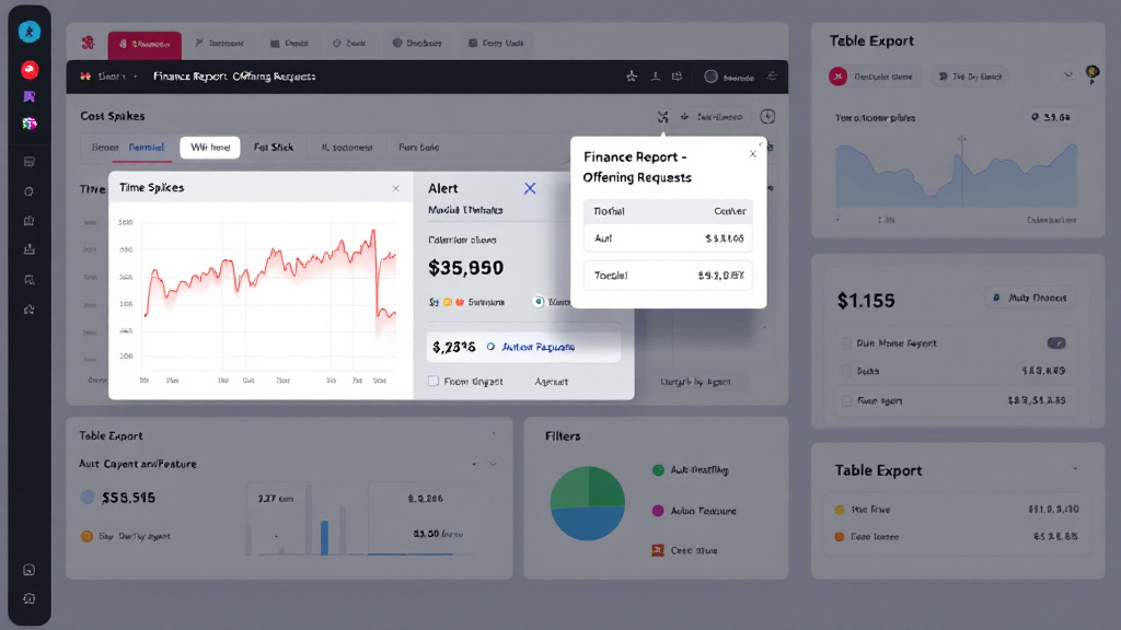 Dashboard showing cost time-series, a Slack alert, and a finance report export with controls for auto-throttling agents.