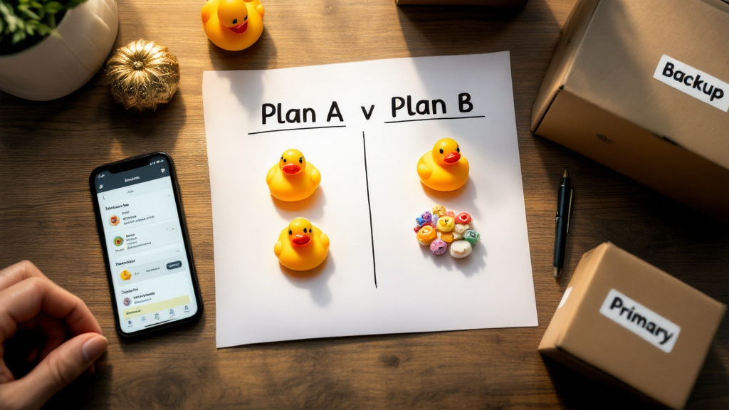 Checklist labeled Plan A and Plan B with themed party favor bundles and a phone showing shipment tracking.