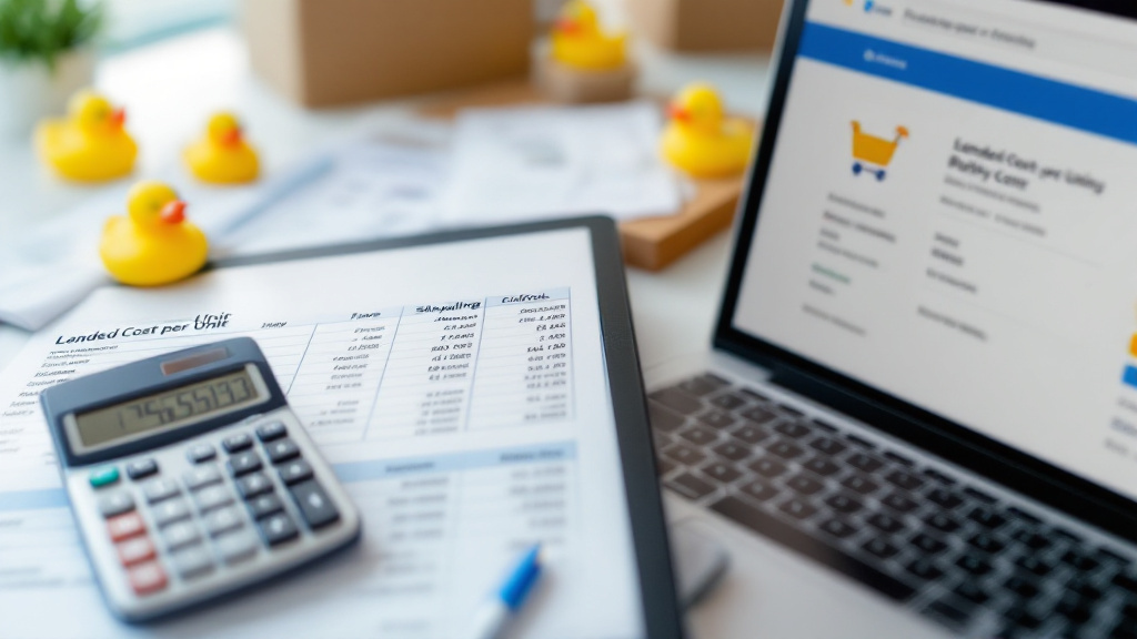 Calculator and spreadsheet calculating landed cost per unit beside a checkout page showing shipping fees and options.