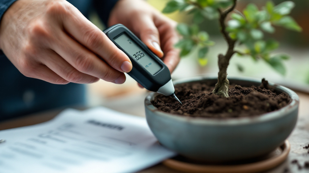 Hands measuring bonsai soil moisture with a meter beside a printed diagnose-first checklist.