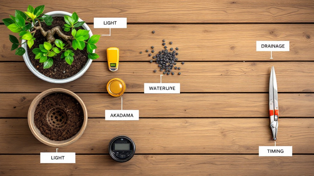 Flat lay of bonsai tools and soil components with callouts highlighting light, watering, drainage, and timing.
