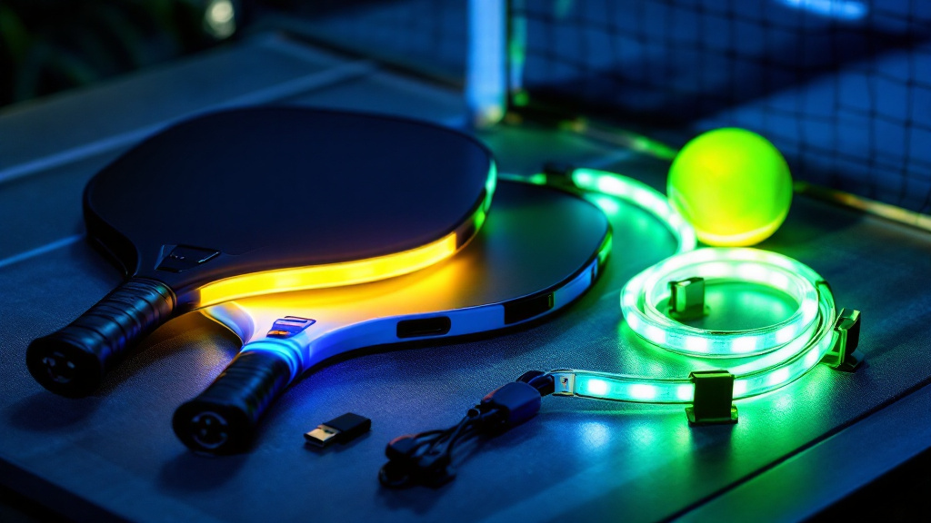 Tabletop shot of rechargeable LED pickleball paddles, a USB-C cable, a key-activated light-up ball, and a clip-on LED net strip arranged neatly.
