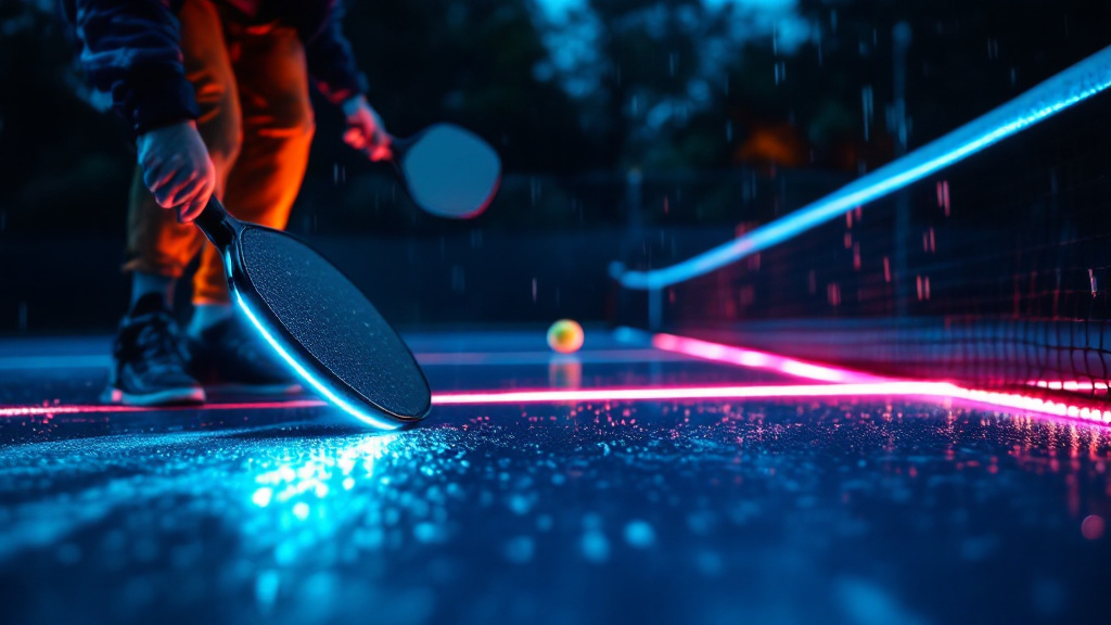 Players on a damp outdoor pickleball court at night using illuminated paddles, a glowing ball, and a lit net strip designed to withstand weather and impacts.