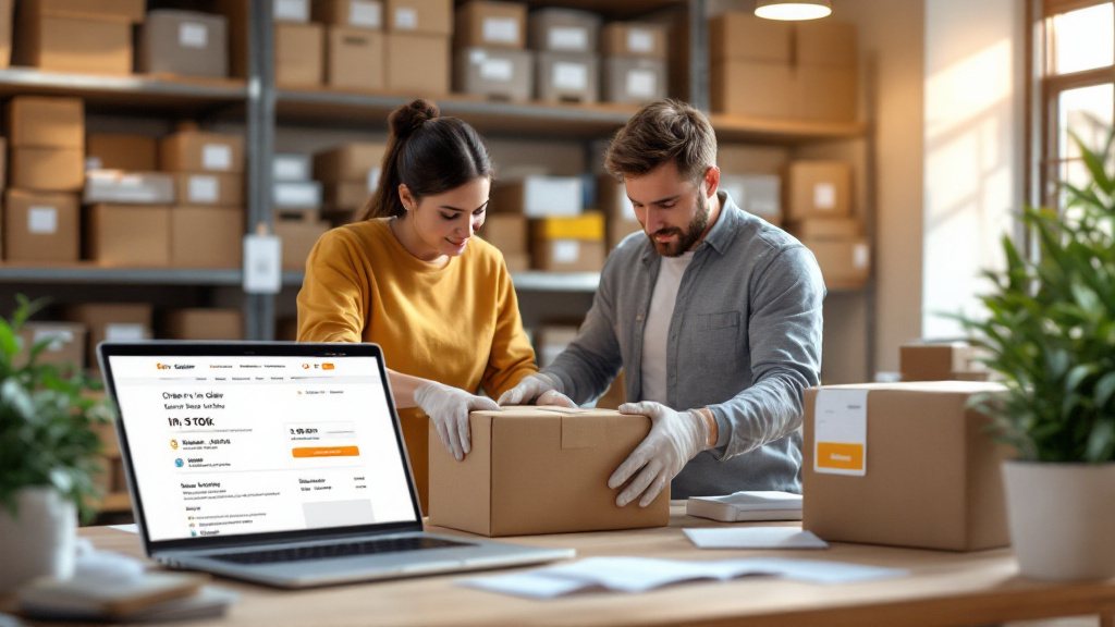 Organized packing station with themed inventory bins, a worker packing a small bundle, and a shipping label next to a laptop showing order confirmation and tracking.
