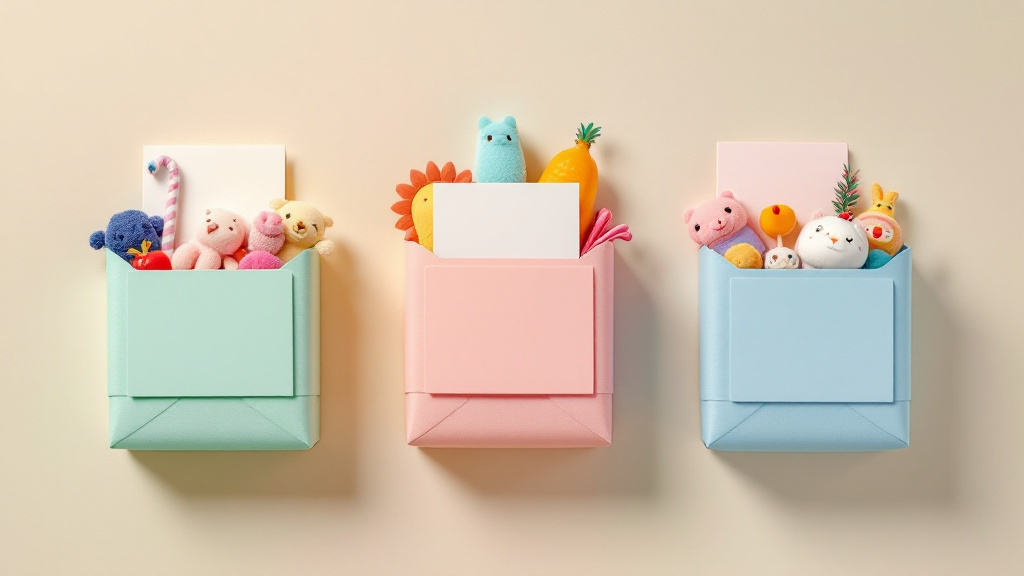 Top-down view of three neatly arranged themed small-gift bundles with matching colors, a gift note card, and clear labels indicating theme and quantity.
