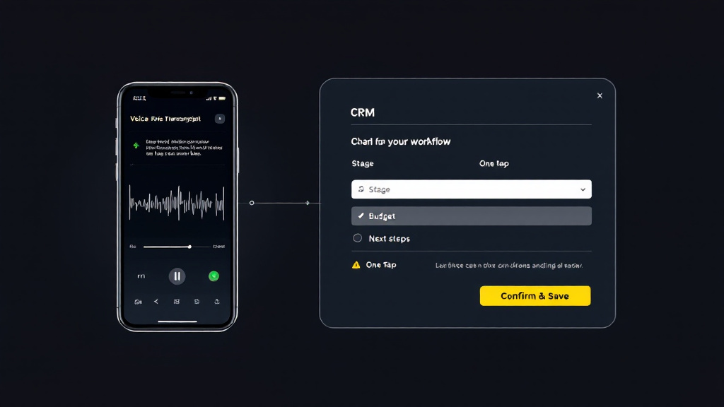 Phone screen showing voice transcript and extracted fields next to a CRM screen with a confirm-and-save step for writing updates back.