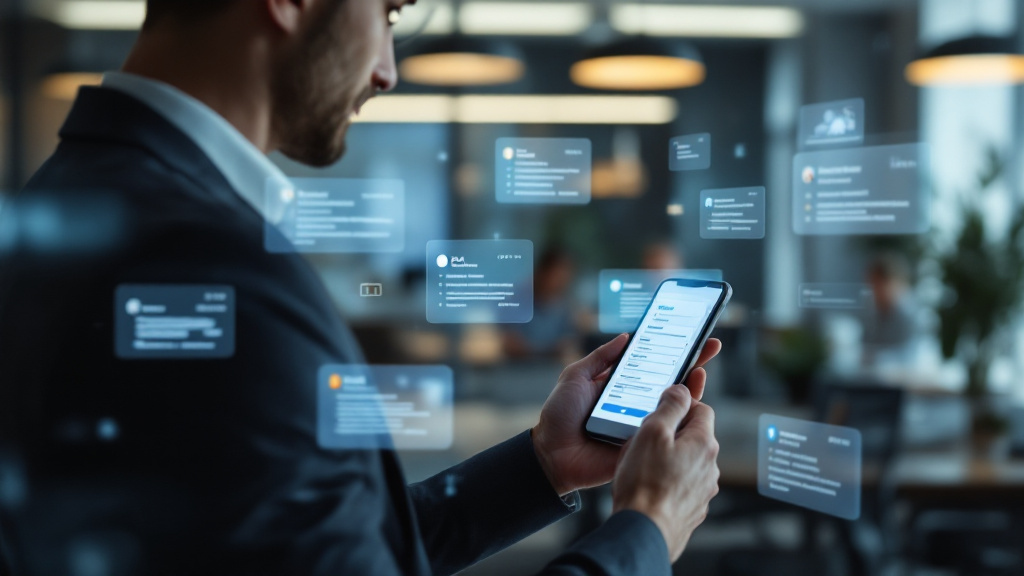 Sales rep walking down a hallway holding a phone with CRM fields and notifications, illustrating post-call context switching.