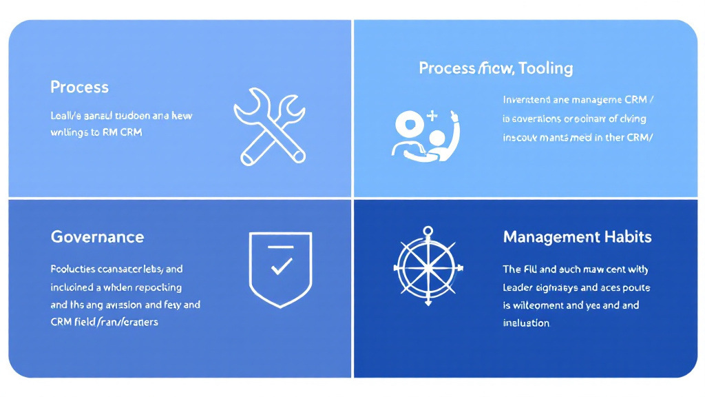 Four-quadrant diagram labeled Process, Tooling, Governance, and Management Habits for diagnosing CRM hygiene issues.