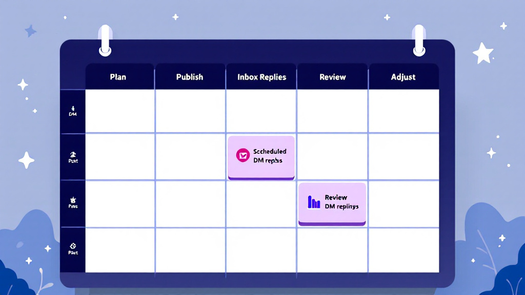 Weekly planner illustration showing steps for planning posts, publishing, replying to inbox messages, reviewing results, and adjusting the next week’s plan.