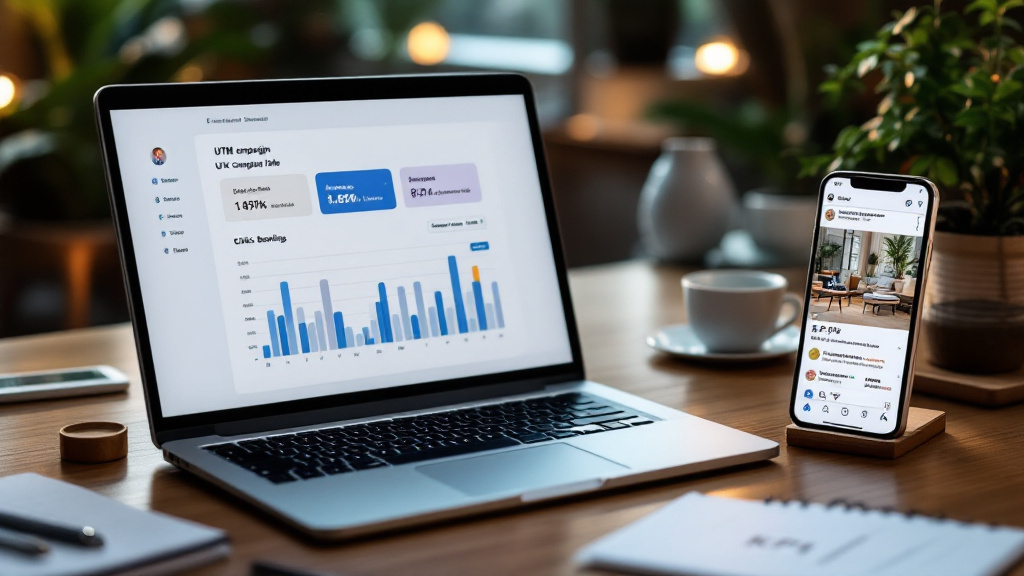 Laptop with a simple analytics dashboard next to a phone showing a social post and a notepad listing a few key performance indicators.