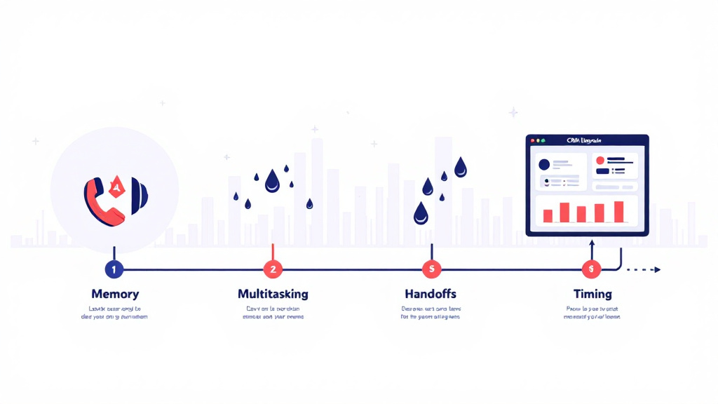 Infographic showing four points where call details are lost before reaching the CRM: memory, multitasking, handoffs, and timing.