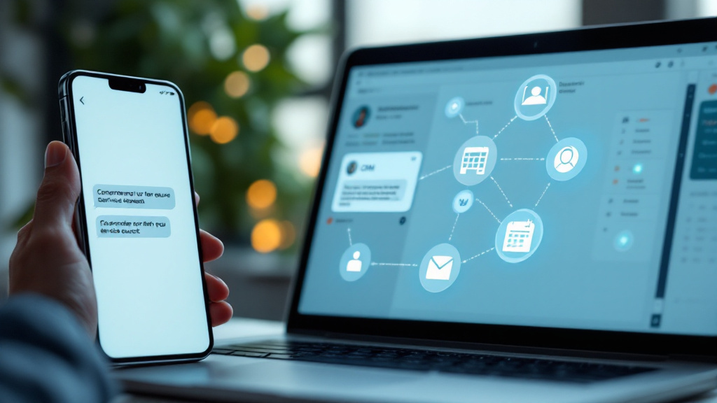 Phone and laptop showing automated text follow-up, CRM entry, and calendar booking connected by a workflow diagram.