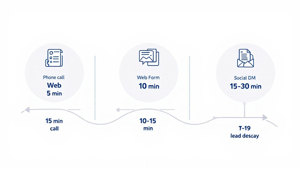 Infographic showing response-time thresholds for missed calls, web forms, and DMs with a lead-decay curve over time.