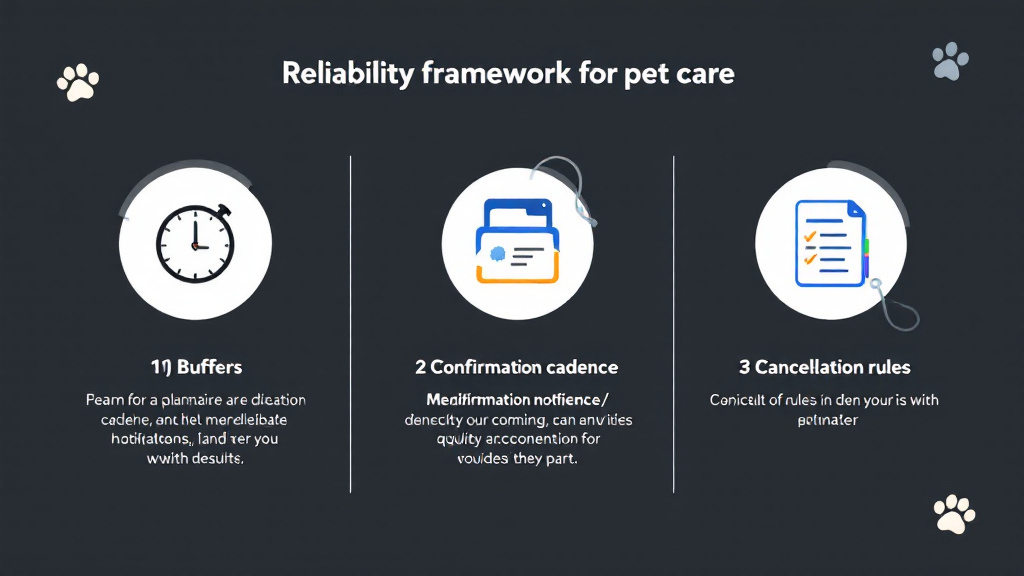 Infographic-style visual depicting three reliability pillars: time buffers, confirmation messages, and clear cancellation rules for pet care operations.