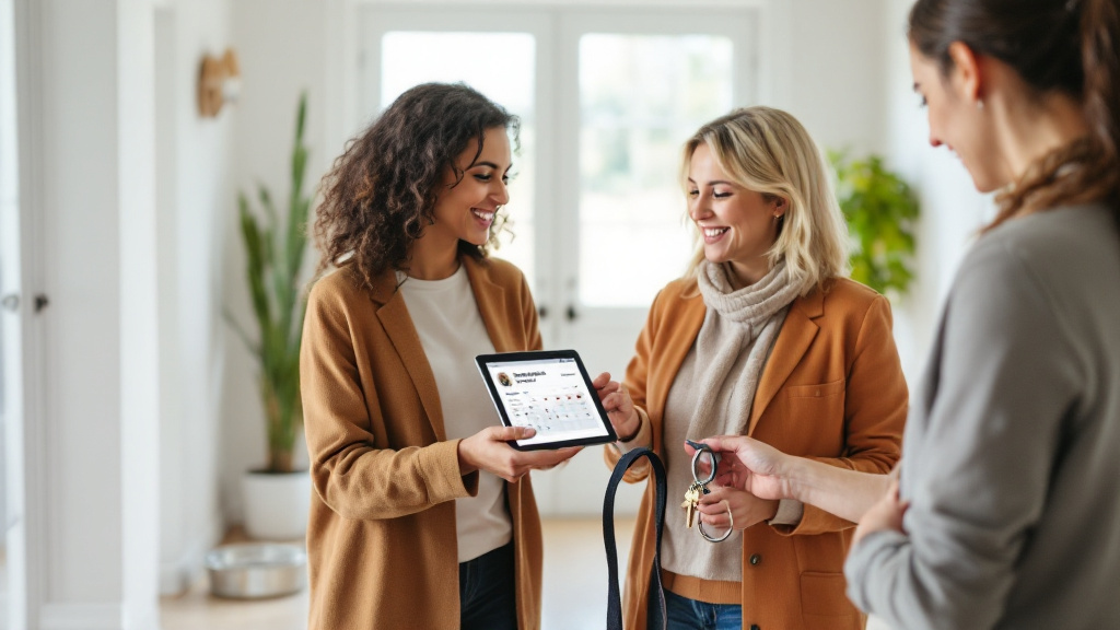 Two pet caregivers coordinating a visit handoff while viewing a shared schedule and pet profile on a mobile device in a home entryway.