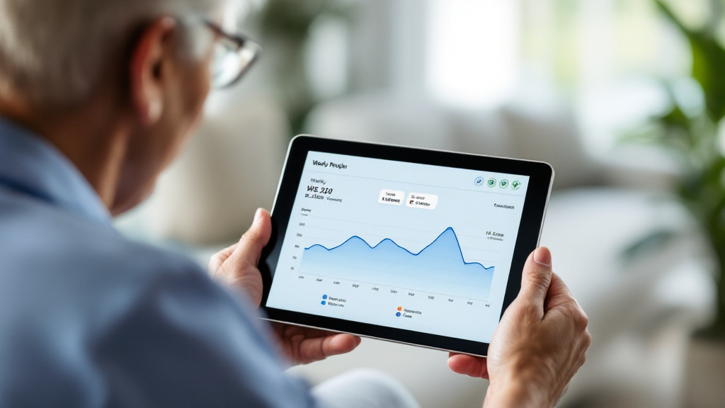 Patient, caregiver, and clinician reviewing a weekly blood pressure trend with quality indicators and medication notes on a tablet.