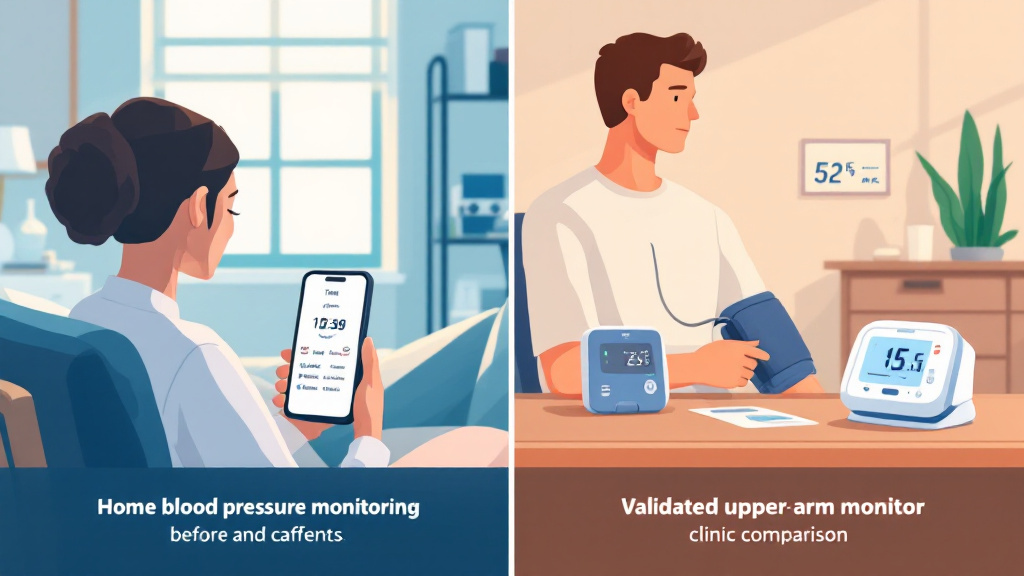 Person resting before a blood pressure reading while a smartphone records timing and health context beside an upper-arm monitor.