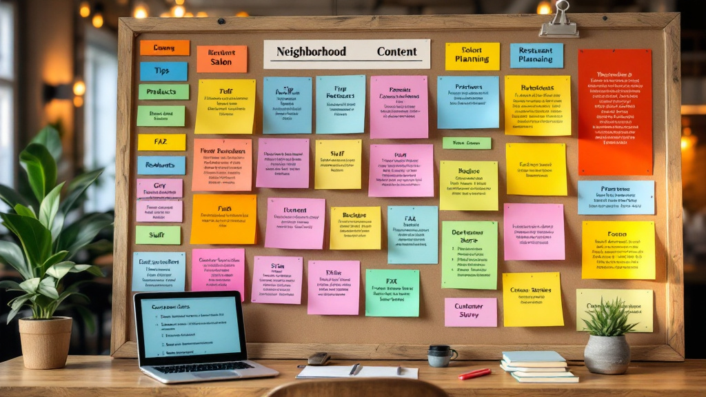 Content planning board displaying recurring social media themes for several local businesses