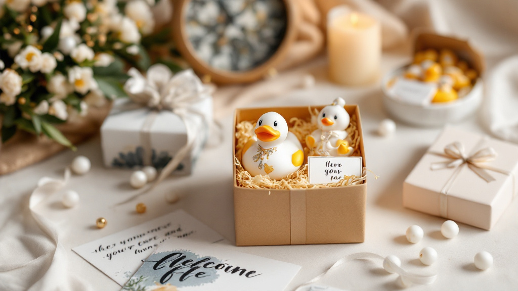 Curated themed rubber duck gift set in custom packaging beside a handwritten card and ribbon