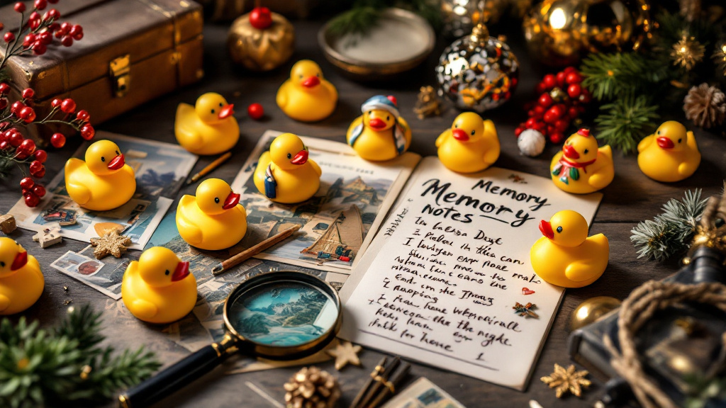 Themed rubber ducks displayed with postcards, seasonal decorations, and personal memory notes