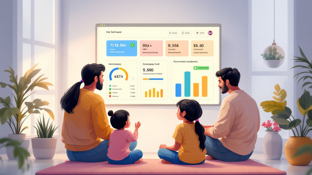 Indian family reviewing a consent-based financial dashboard with categorized spending, upcoming obligations, and an emergency-fund goal.