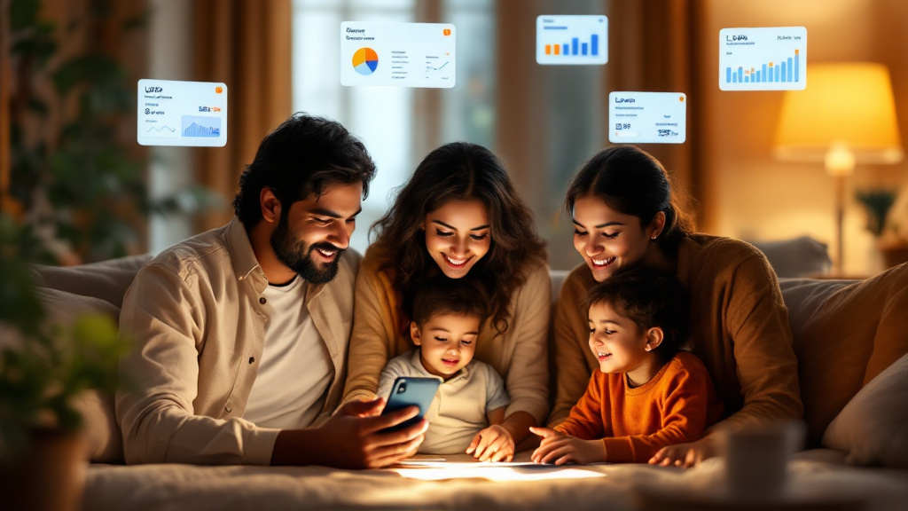 Indian family reviewing disconnected bank, UPI, credit-card, investment, insurance, and loan information on digital screens.