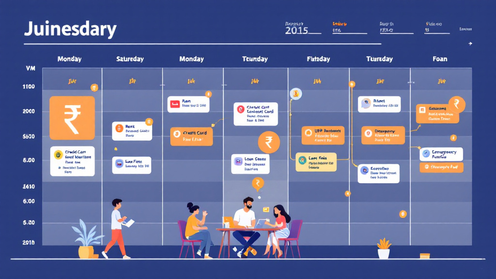 Household cash-flow calendar showing Indian rupee expenses, bills, loan payments, subscriptions, and savings goals.