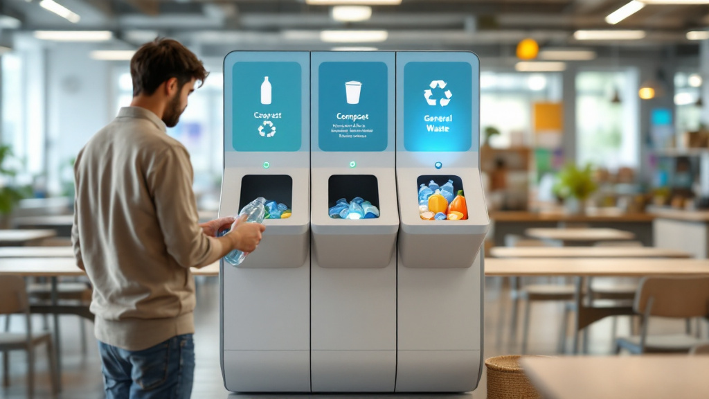 Person placing a plastic bottle into a clearly marked recycling compartment at a smart waste station with compost and general-waste sections.