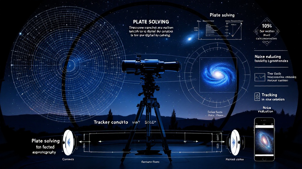 Conceptual view of a telescope system using star-pattern recognition, tracking coordinates, and image processing to center a galaxy.