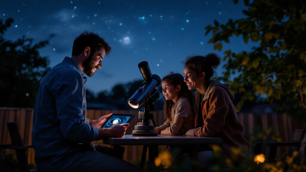 A family uses a smart telescope and tablet to observe Saturn, combining automated tracking with human curiosity and judgment.
