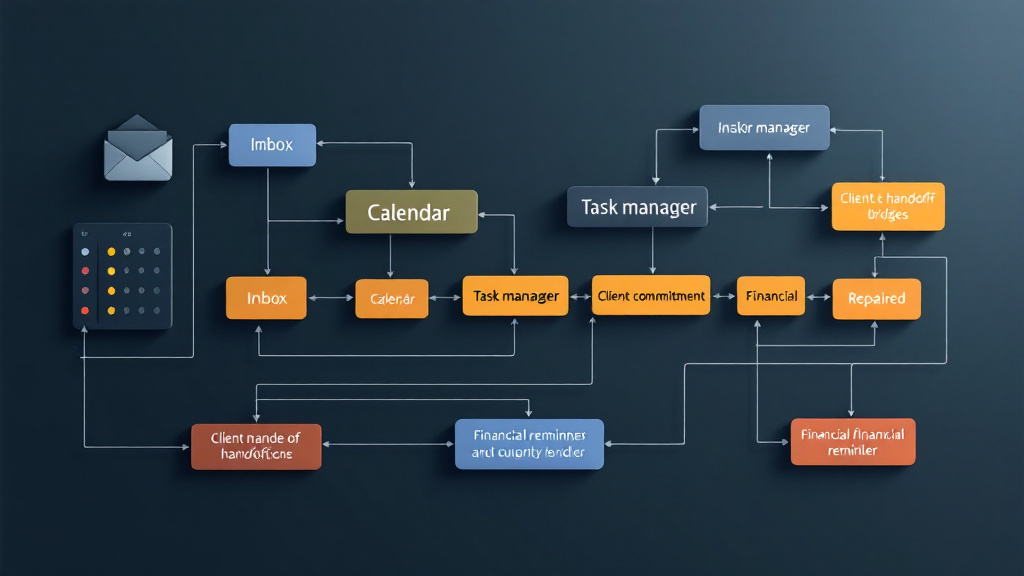 Conceptual diagram showing broken connections between an inbox, calendar, task list, client commitment, and financial reminder.