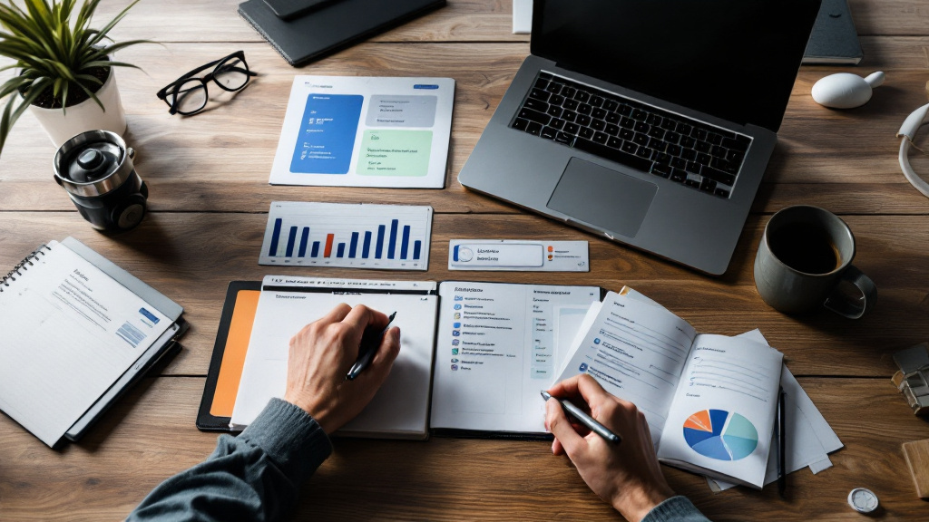 Independent operator reviewing organized client projects, invoices, calendar commitments, and personal reminders during a weekly planning session.