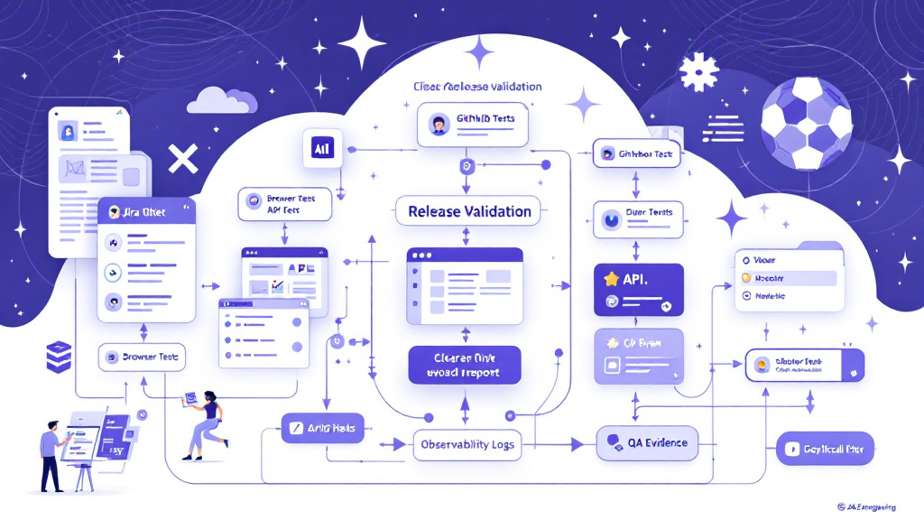 Workflow illustration showing a Jira ticket and code diff leading to browser, API, visual, and observability checks before a QA report.