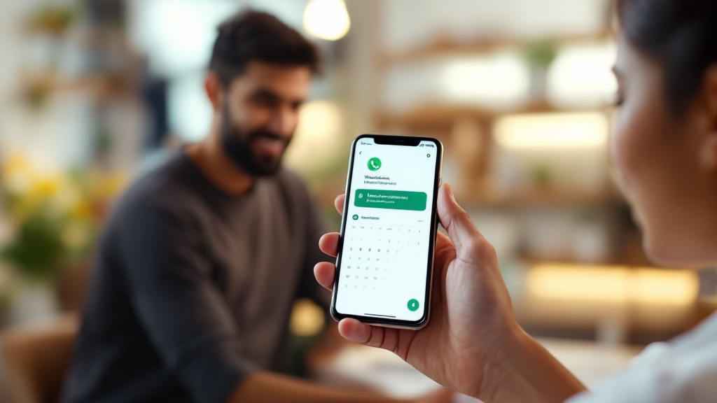 Small-business owner and customer reviewing a confirmed appointment on a smartphone beside a calendar.
