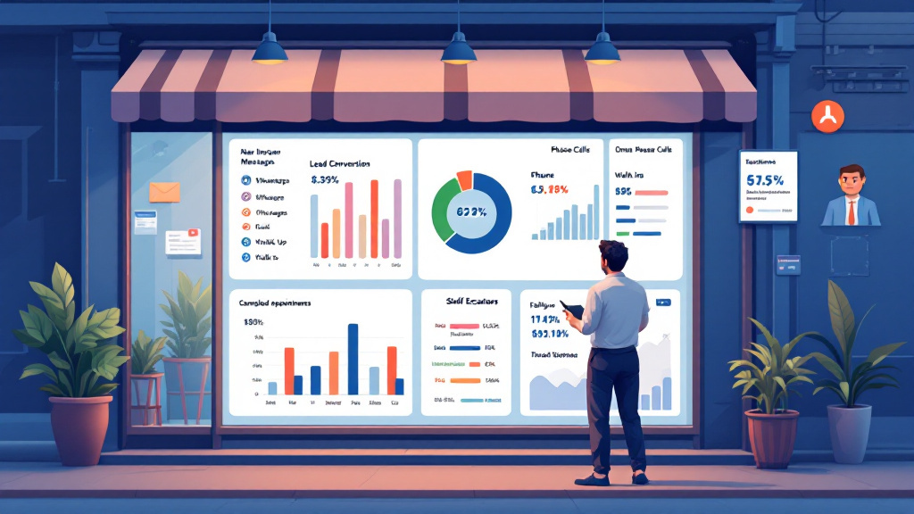 Indian small-business owner reviewing abstract response-time and appointment metrics across multiple customer channels.
