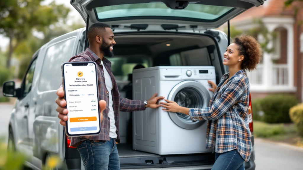 A buyer and seller complete a local pickup beside a van, with a phone showing transaction confirmation.