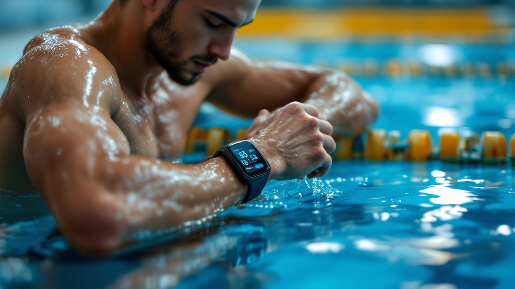 Swimmer resting at the pool wall and reviewing workout and recovery metrics on a waterproof smartwatch.