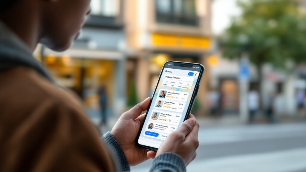 Customer comparing local providers by price, distance, ratings, availability, and verification on a smartphone.