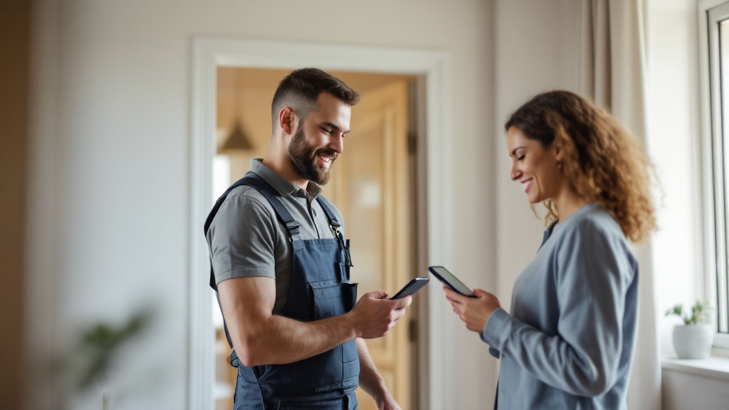 Repair professional greeting a resident outside an apartment as the resident views service updates on a smartphone.