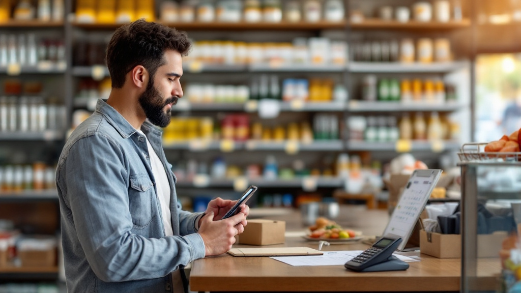 Convenience-store owner using a smartphone to review prioritized replenishment items beside retail shelves.