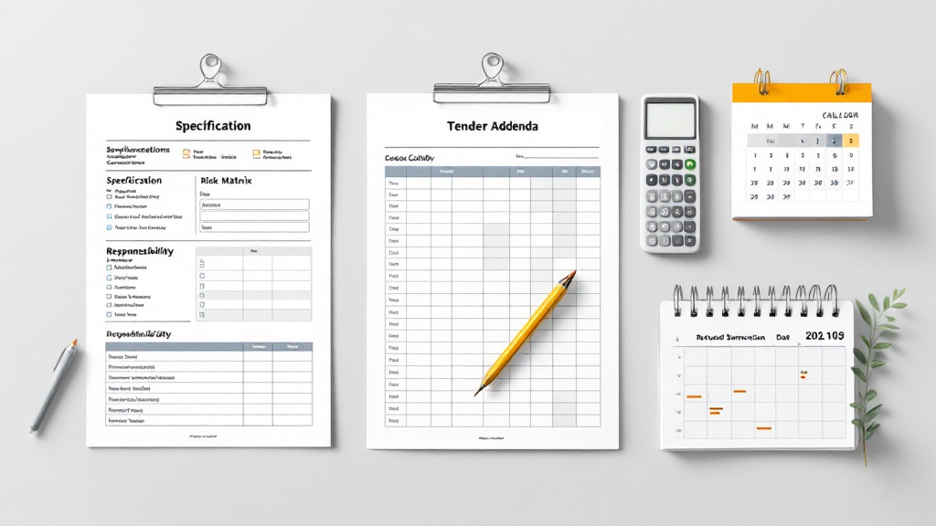 Tender review checklist, risk matrix, revised specification, and deadline calendar arranged on a desk.
