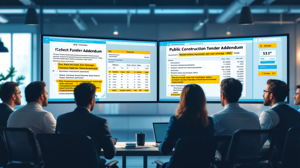 Bid managers examining revised public tender documents and deadline changes on computer screens.