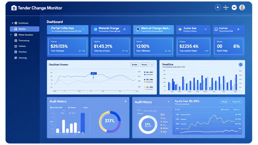 Tender intelligence dashboard displaying document version changes, alerts, owners, and submission deadlines.