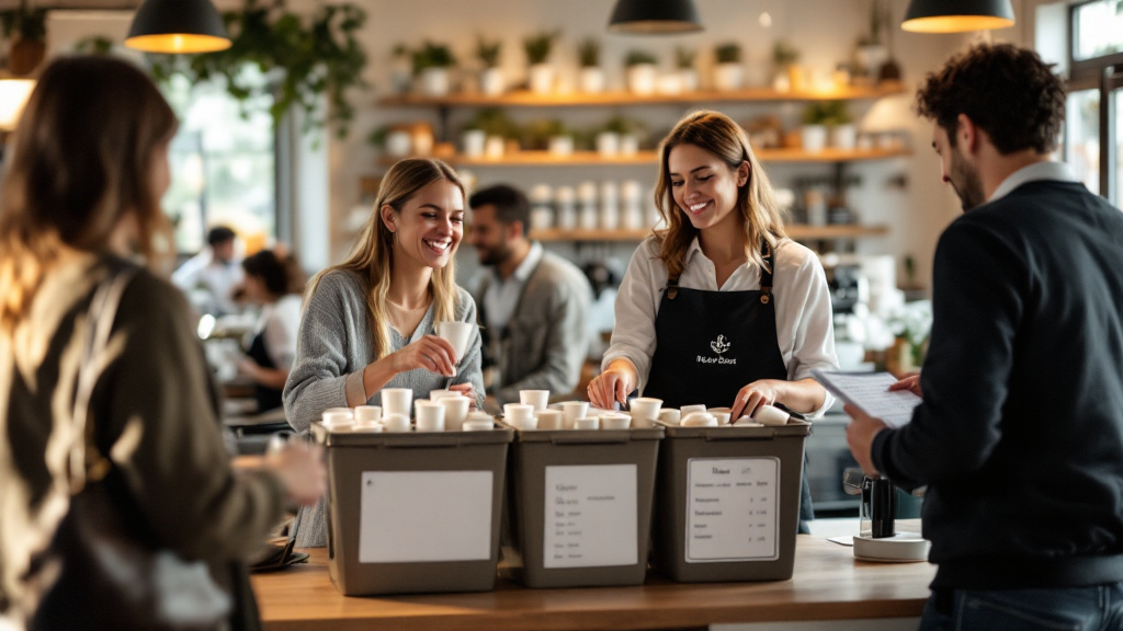 Customers return reusable cups at a café collection station while a staff member records participation.