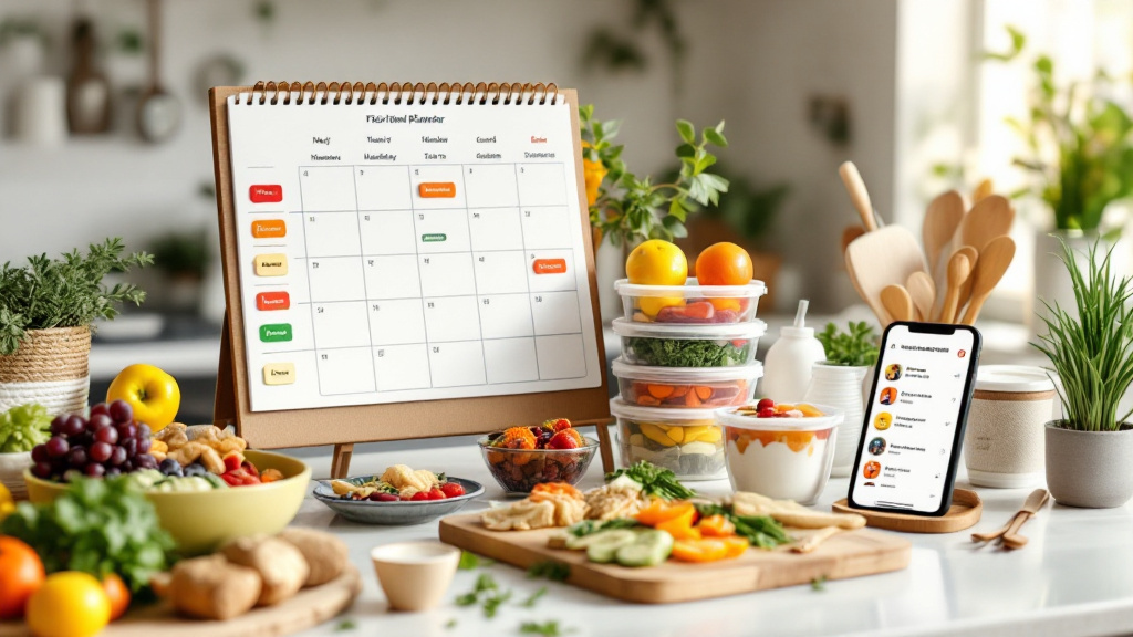 A weekly meal plan with movable options sits beside balanced prepared meals, snacks, and a smartphone for customizing orders.