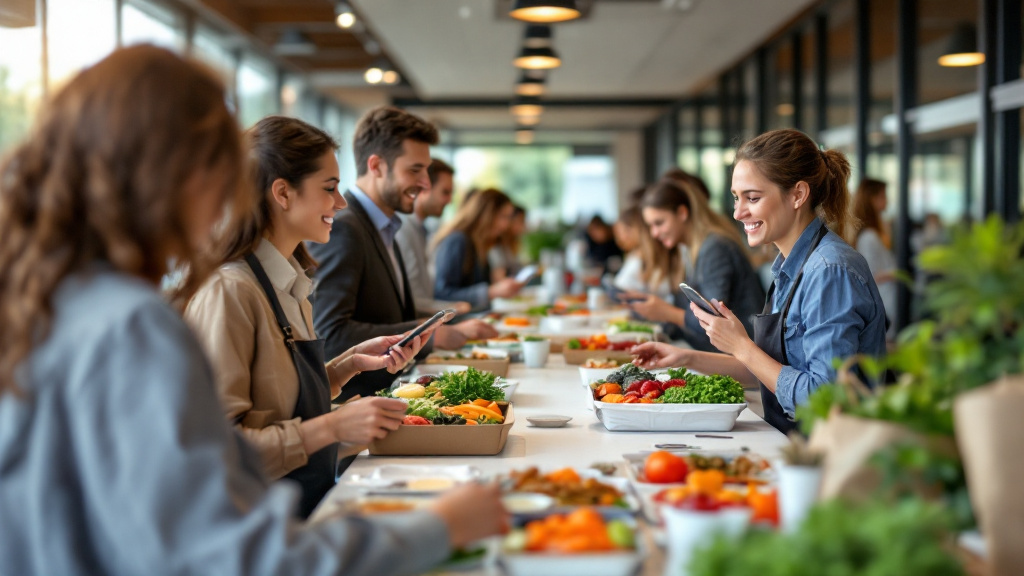 Diverse customers collect organized prepared meals at a campus or office pickup point after receiving schedule notifications.