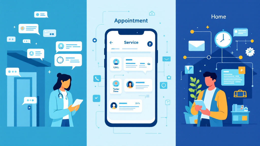 Illustration of a clinic, tutor, and repair provider using messages, clocks, and appointment details to manage inquiries.